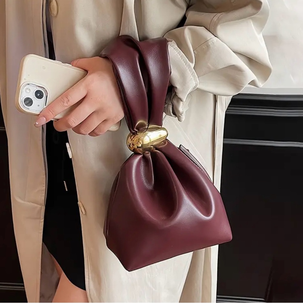 Burgundy Faux Leather Bucket Wristlet with Gold Knot Accent